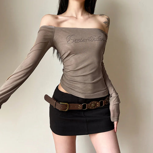 Load image into Gallery viewer, Vintage Slash Neck Diamond Letter Tshirts Streetwear Gauze Slim Fairy Tees Women Y2k Aesthetic Irregular Grunge T-shirts Sexy
