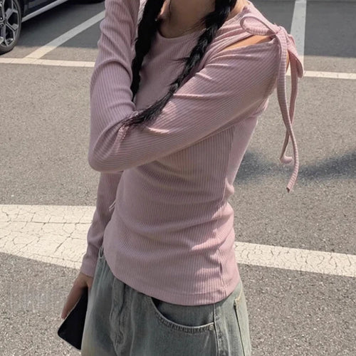 Load image into Gallery viewer, Spring Off-the-shoulder Bandage Tee Shirts Women Y2k Aesthetic Bodycon Solid Simple T-shirt Grunge Sexy Fairy Screw Thread Tops
