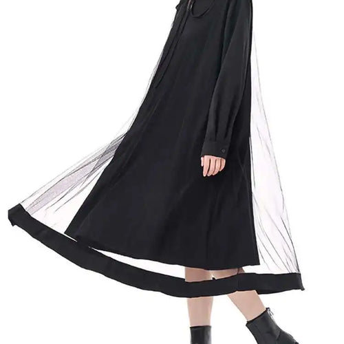 Load image into Gallery viewer, Women Black Hollow Out Mesh Spliced Big Size Dress New Stand Collar Long Sleeve Fashion Tide Spring Autumn 2025 1DJ0051
