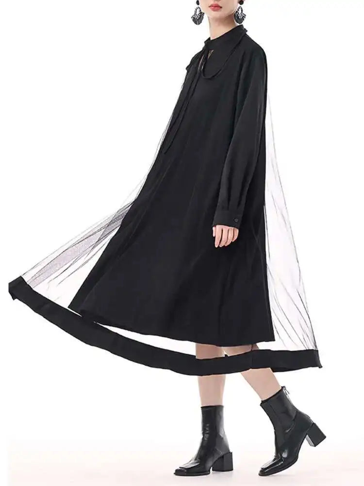 Women Black Hollow Out Mesh Spliced Big Size Dress New Stand Collar Long Sleeve Fashion Tide Spring Autumn 2025 1DJ0051