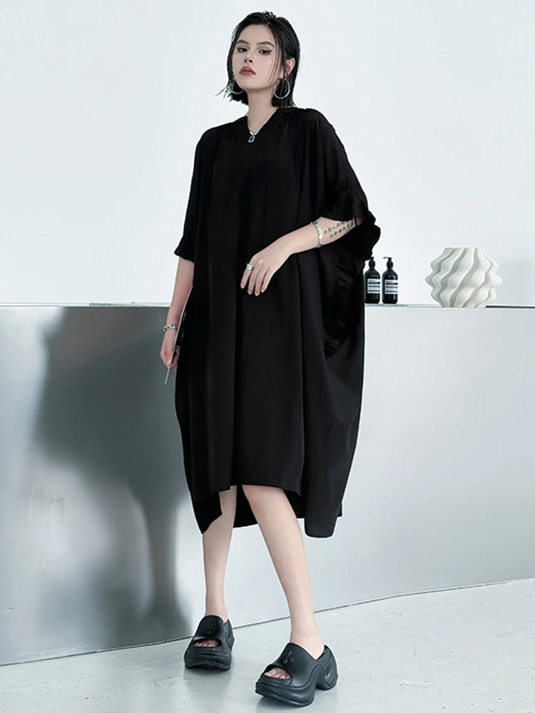 Women Black Bandage Ruffles Big Size Midi Dress New V-Neck Half Batwing Sleeve Fashion Tide Spring Autumn 2025 1DJ1044
