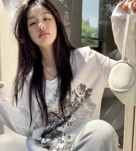 Oversized Woman Tshirts Print Casual Tees Long Sleeve O-neck Camisetas Y2k Tops Fashion White Korean T-shirt 2025 Women Clothing