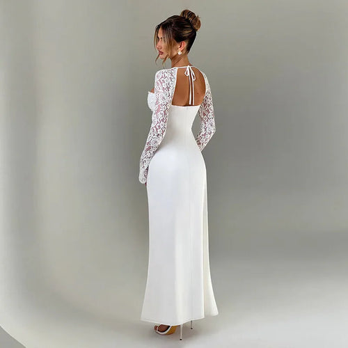 Load image into Gallery viewer, Lace Long Sleeve Sexy Maxi Dress Women Autumn New Square Collar Backless Lace-up High Split Sexy Club Party Long Dress
