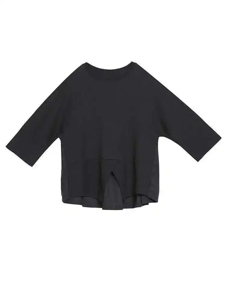 Women Black Back Ruffles Big Size Casual T-shirt New Round Neck Three-quarter Sleeve Fashion Spring Autumn 2025 1DF4682
