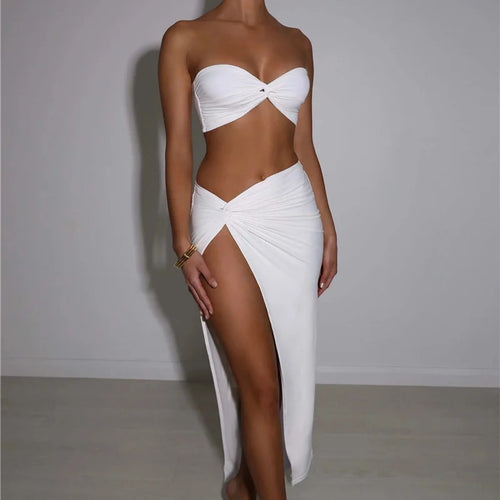 Load image into Gallery viewer, Elegant Strapless Sexy Two Piece Set Women Sleeveless Crop Top And High Split Skirt Matching Sets Party Dress Sets
