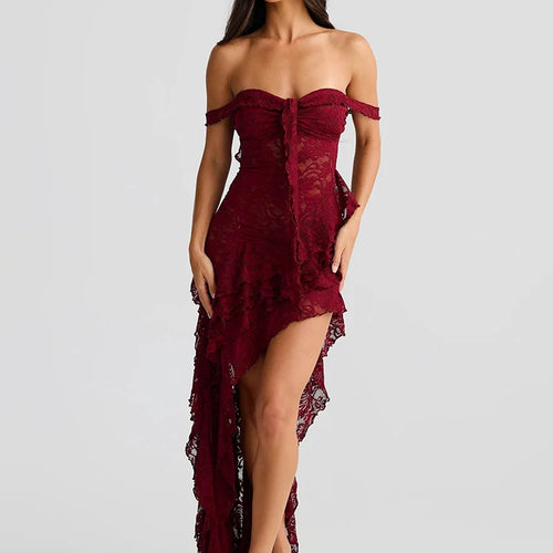 Load image into Gallery viewer, Lace Ruffle Sexy Maxi Dress Women Fashion Summer Off-shoulder Strapless Sleeveless Backless Beach Holiday Club Dress
