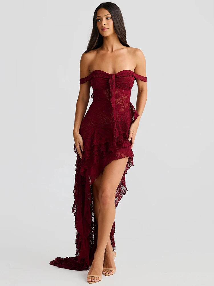 Lace Ruffle Sexy Maxi Dress Women Fashion Summer Off-shoulder Strapless Sleeveless Backless Beach Holiday Club Dress