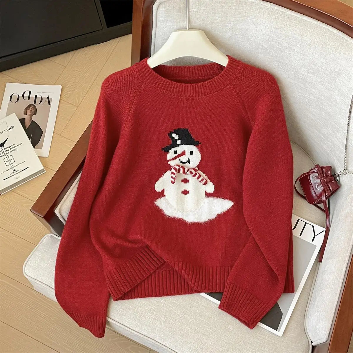 French Autumn Winter Blue Snowman Elegant Pullover Short Sweater Women Vintage 2024 New Red Round Neck Long Sleeved Knitted Tops