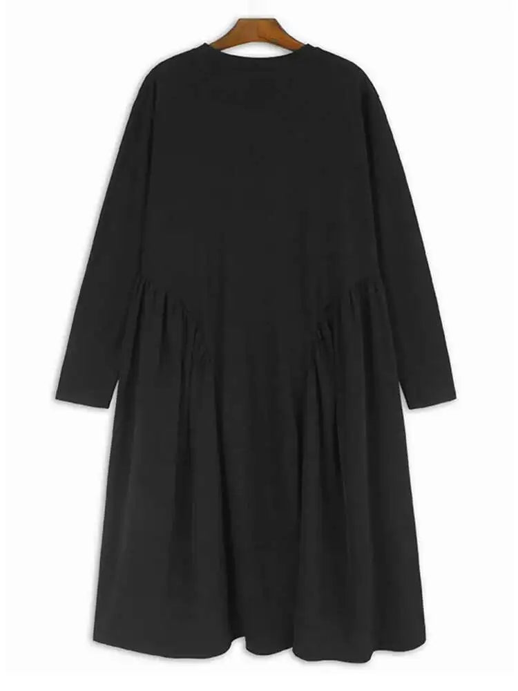 Women Black Side Pleated Spliced Big Size Midi Dress New Round Neck Long Sleeve Fashion Tide Spring Autumn 2025 1DH7010