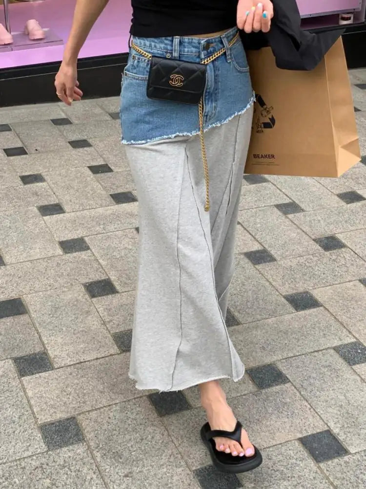 Spring Summer 2023 New Vintage Elegant High Waisted Long Denim Skirt Women Jeans Patchwork Cotton Wrap Buttocks Skirts Fashion