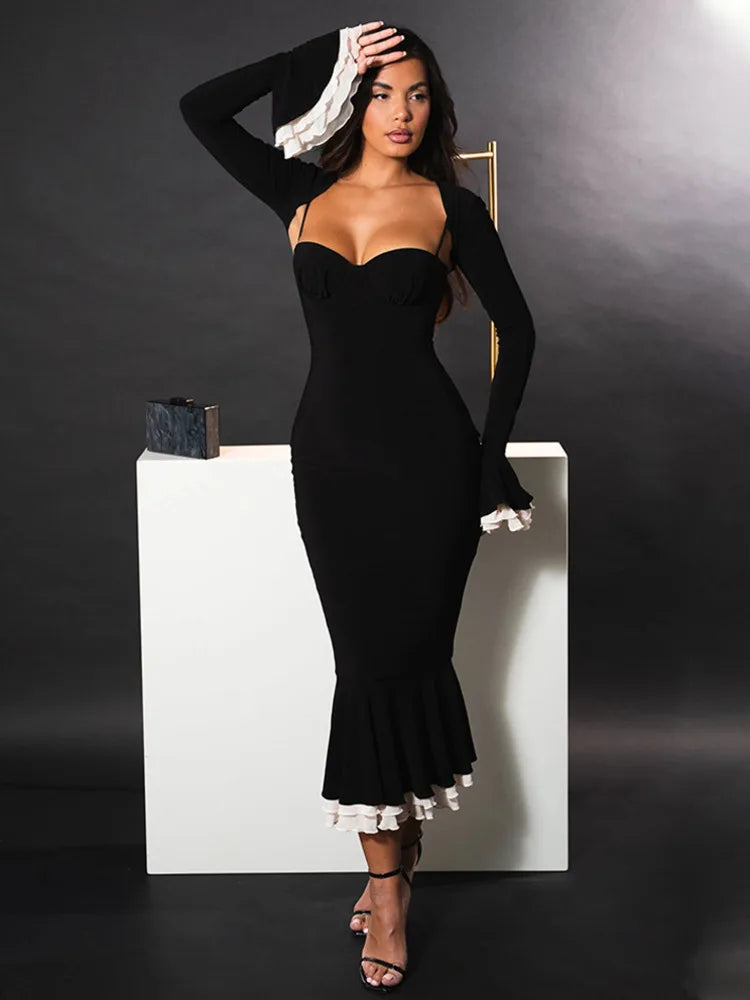 Elegant Long Flared Sleeve Elastic Tight Women Two-piece Set  Autumn/Winter New 2025 Sexy Party Club Evening Dress