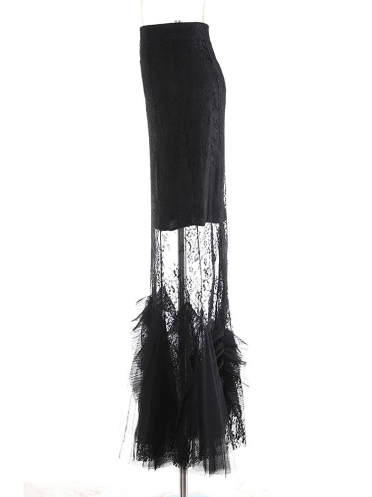 High Waist Black Lace Perspective Embroidery Mermaid Half-body Skirt Women Fashion Tide New Spring Autumn 2025 1DJ0986