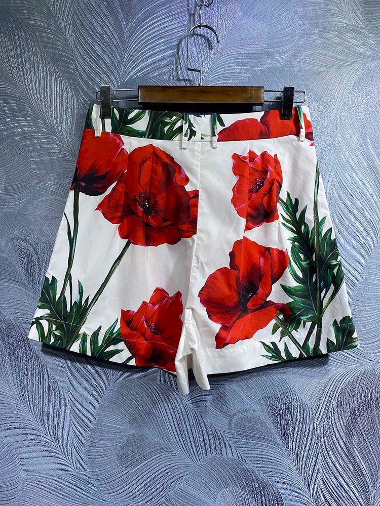 Print Two Piece Sets For Women Square Collar Sleeveless Short Tank Top High Waist Short Pants Casual Set Female Fashion 2023