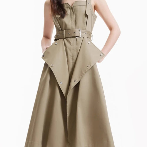 Load image into Gallery viewer, Slimming Spliced Lace Up Fashion Dresses for Women Square Neck Sleeveless Design Sense Dress Female Clothing New
