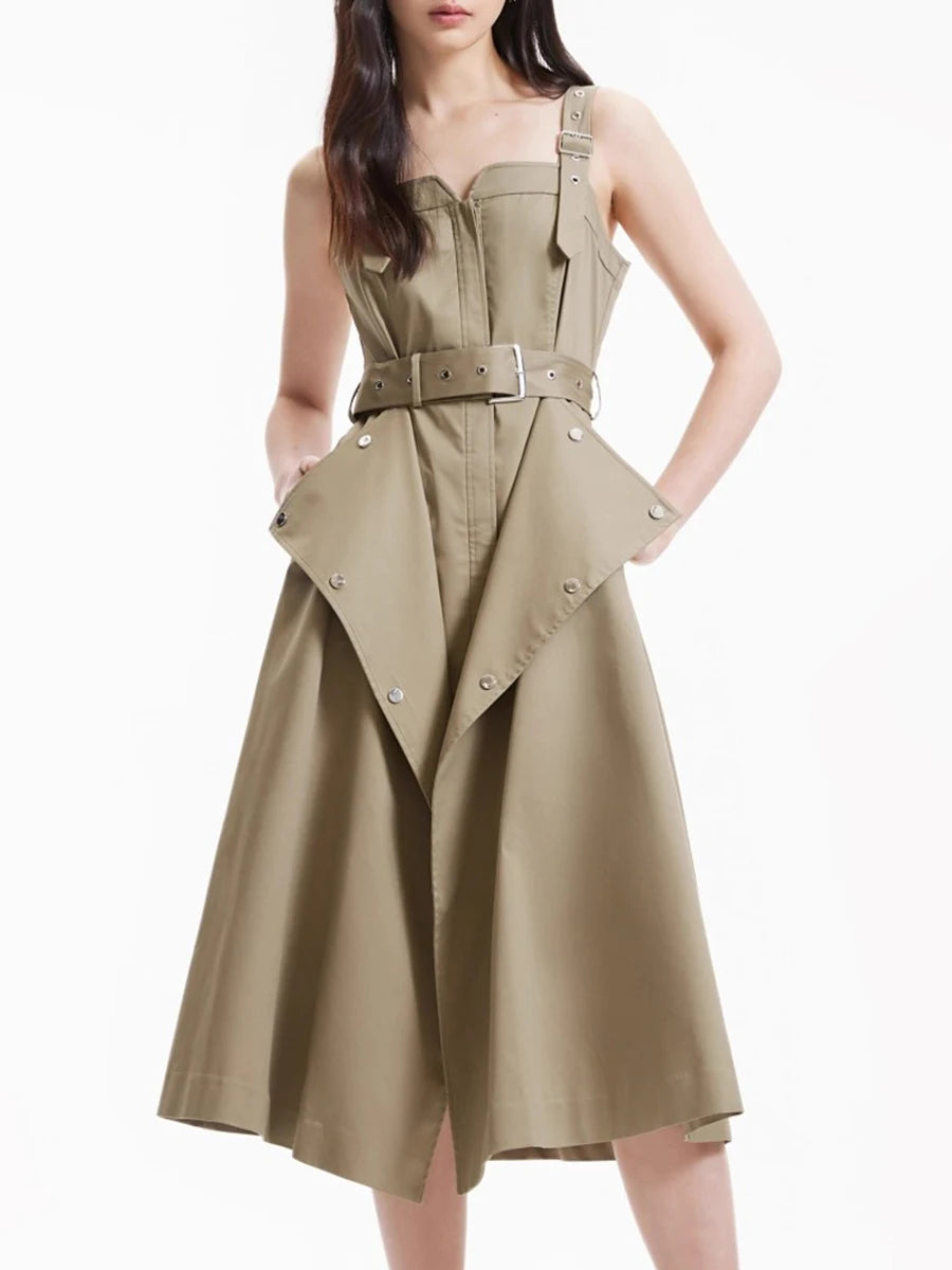 Slimming Spliced Lace Up Fashion Dresses for Women Square Neck Sleeveless Design Sense Dress Female Clothing New