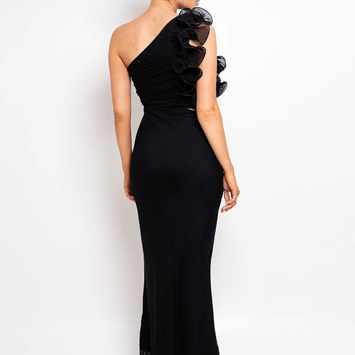 Load image into Gallery viewer, Shoulder Floral Mesh Ruched Sexy Maxi Dress For Women Gown Oblique Shoulder Sleeveless Backless Bodycon Long Dress
