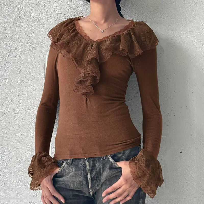 y2k Fairy Grunge Top Women Sexy Solid Color Lace Trim V Neck Long Sleeve T Shirt 2000s Aesthetic Clothing Streetwear