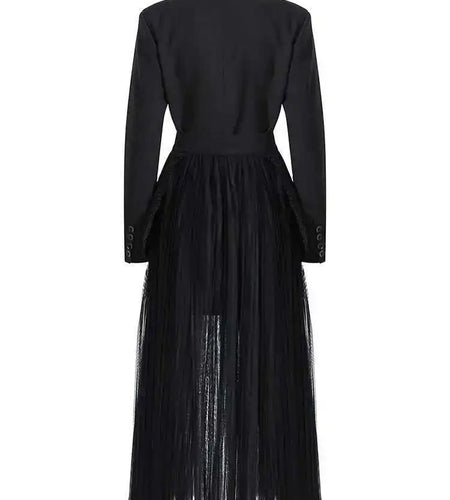 Half-body Skirt Pleated Mesh Two Pieces Suit New Lapel Long Sleeve Black Loose Women Fashion Spring Autumn 2025 1DE6625