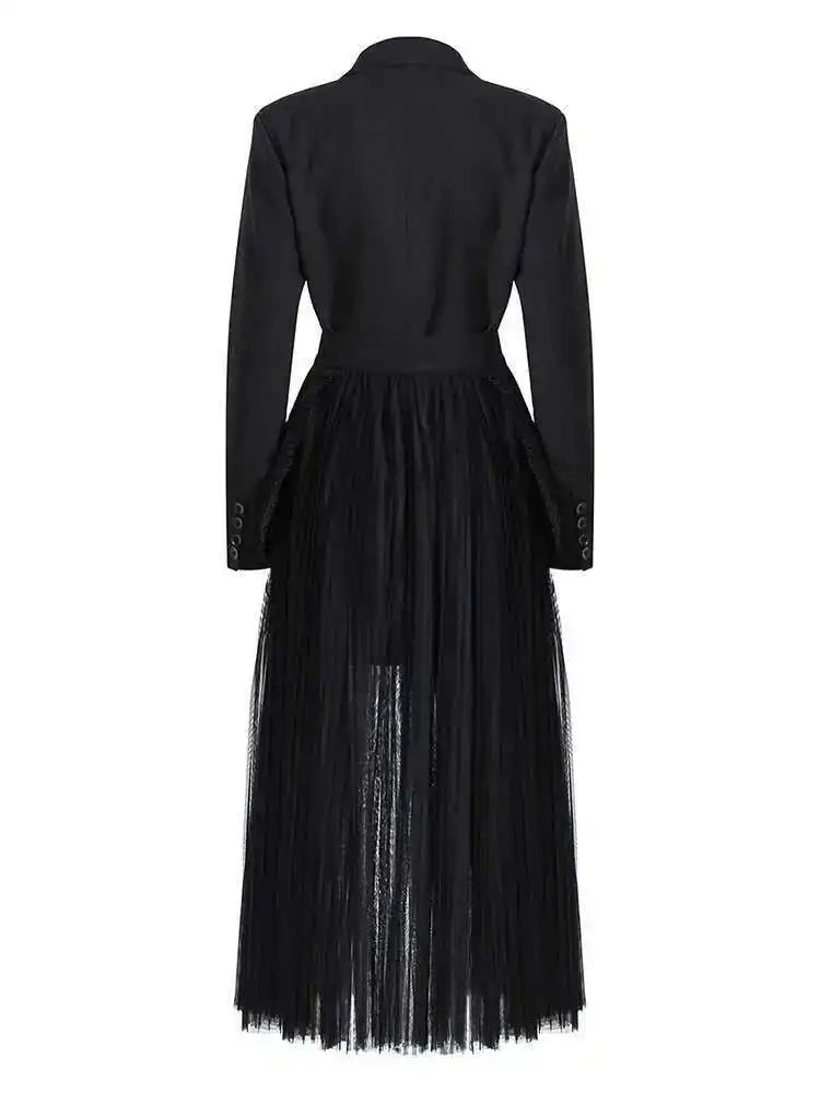 Half-body Skirt Pleated Mesh Two Pieces Suit New Lapel Long Sleeve Black Loose Women Fashion Spring Autumn 2025 1DE6625