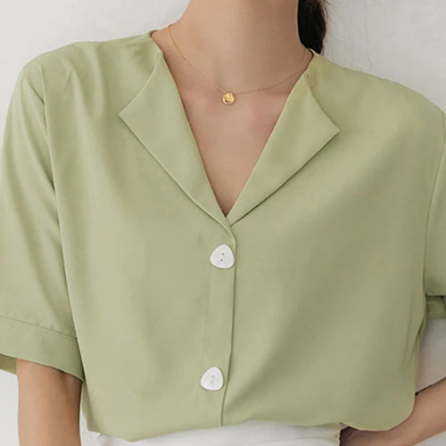 Load image into Gallery viewer, Summer Green Pure Color Short Sleeve Women Shirt New White Single Breasted Female Workwear Formal Simple Female Shirts
