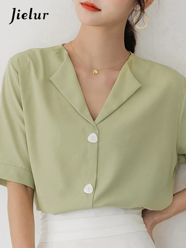 Summer Green Pure Color Short Sleeve Women Shirt New White Single Breasted Female Workwear Formal Simple Female Shirts