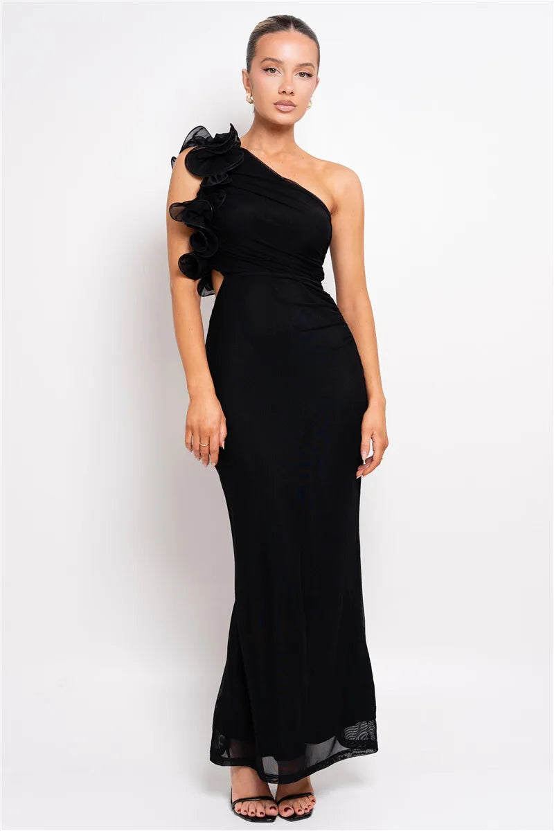 Shoulder Floral Mesh Ruched Sexy Maxi Dress For Women Gown Oblique Shoulder Sleeveless Backless Bodycon Long Dress