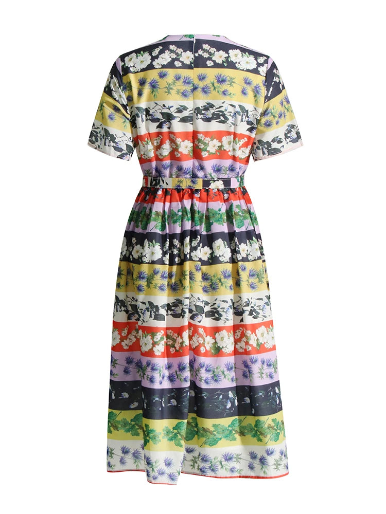 Colorblock Floral Printing Dress For Women Round Neck Short Sleeve High Waist Folds Temperament Dresses Female Fashion New