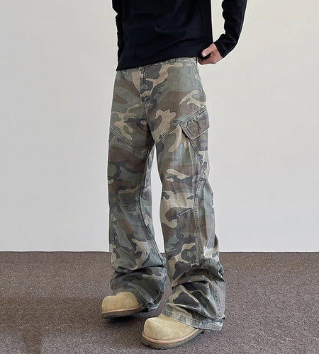 American Style Men's Cargo Bottom Camouflage Casual Wide Leg Streetwear Pants Straight Loose Flared Trousers Spring 9W1220
