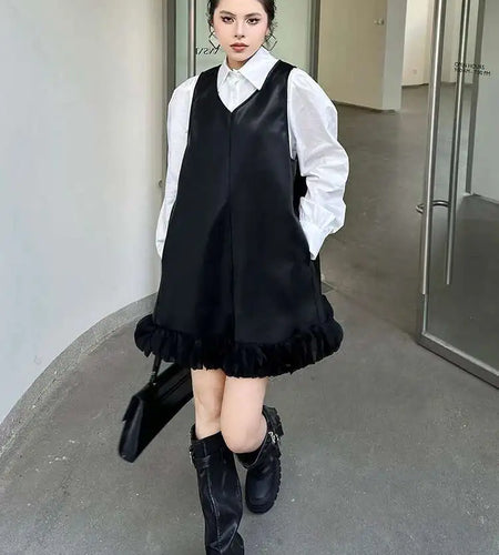 Black Leather Mesh Dress Shirt Two Pieces Suit New Lapel Long Sleeve Women Fashion Tide Spring Autumn 2025 1DH9256