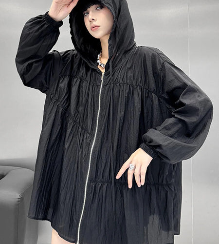 Black Pleated Thin Big Size Casual Jacket New Hooded Long Sleeve Women Coat Fashion Tide Spring Autumn 2025  1DJ1686