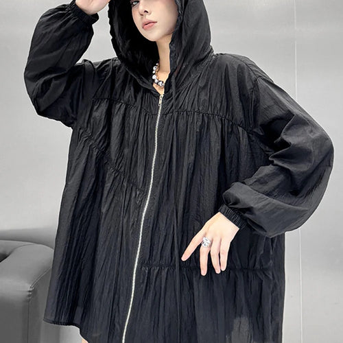 Load image into Gallery viewer, Black Pleated Thin Big Size Casual Jacket New Hooded Long Sleeve Women Coat Fashion Tide Spring Autumn 2025  1DJ1686
