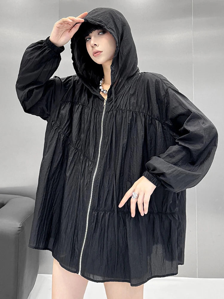 Black Pleated Thin Big Size Casual Jacket New Hooded Long Sleeve Women Coat Fashion Tide Spring Autumn 2025  1DJ1686