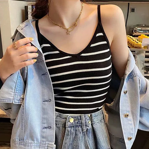 Load image into Gallery viewer, New knitted Striped Tank Tops Women Summer Camisole Vest simple Stretchable Ladies V Neck Slim Sexy Strappy Camis Tops  A-002
