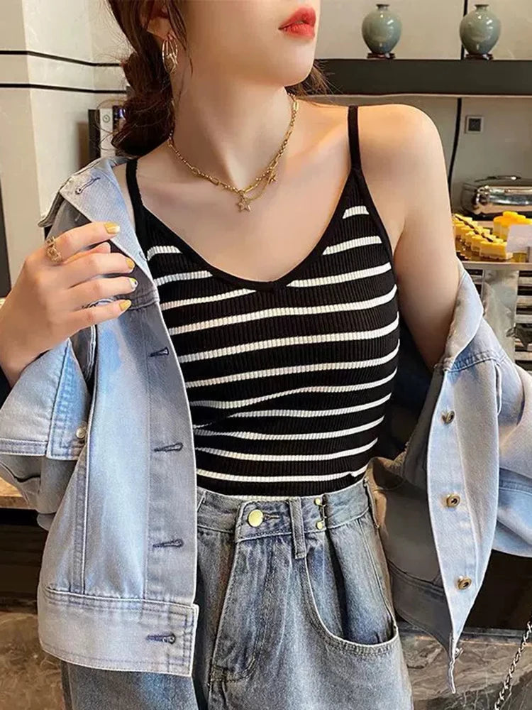 New knitted Striped Tank Tops Women Summer Camisole Vest simple Stretchable Ladies V Neck Slim Sexy Strappy Camis Tops  A-002