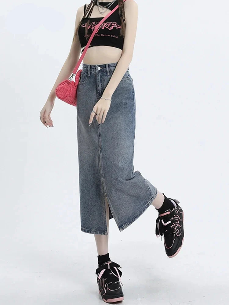 High Waist Vintage Spilt Women's Skirts Summer New Tight Hip Blue Casual Office Ladies Female Fashion Streetwear Outfits