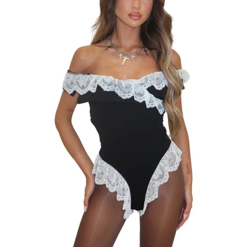 Load image into Gallery viewer, Sexy One Shoulder Lace Patchwork Tight Women&#39;s Bodysuit 2025 Spring/summer New Irregular Slim Vacation Beach Rompers
