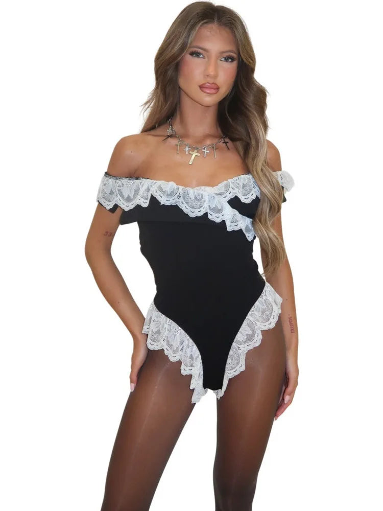 Sexy One Shoulder Lace Patchwork Tight Women's Bodysuit 2025 Spring/summer New Irregular Slim Vacation Beach Rompers