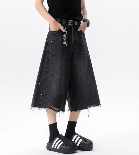 Men's Seven Point Jeans Washed Loose Distressed Male Summer High Street Edge Design Personalized Casual Shorts 9W1517