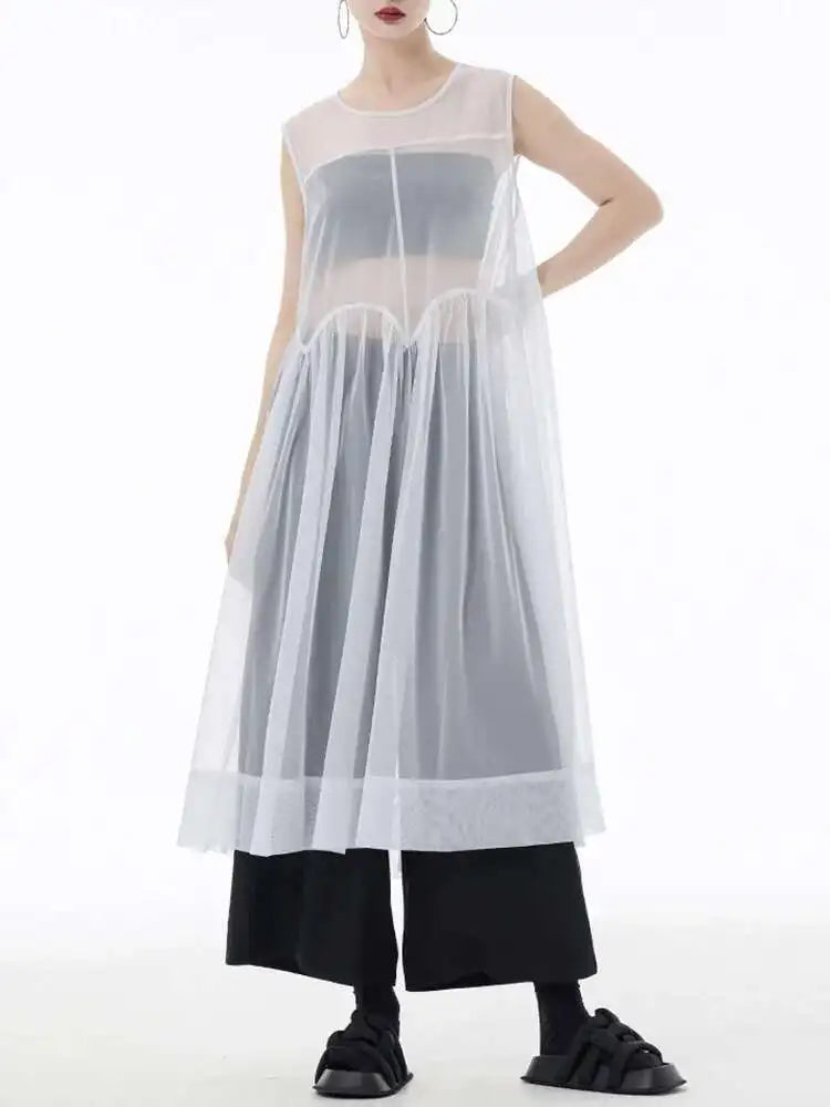 Women Black Big Hem Mesh Big Size Elegant Perspective Dress New Round Neck Sleeveless Fashion Spring Summer 2025 1DH6298