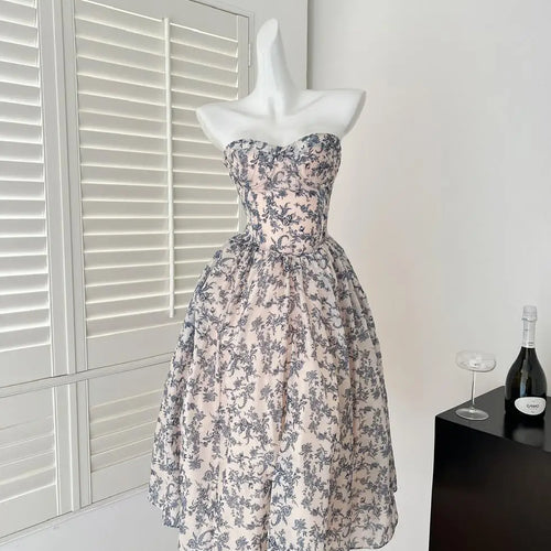 Load image into Gallery viewer, French Retro Blue Flower Backless Vacation Strapless Long Dress Summer Sexy High Waist Elegant Sleeveless Party Evening Dresses
