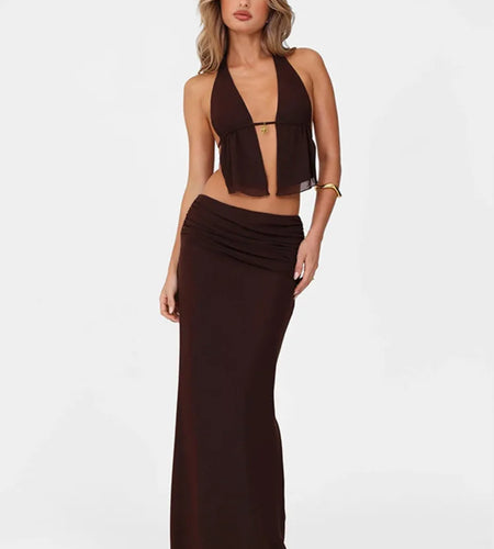 Hollow Out Lace-up Sexy Skirt 2 Piece Sets Women Brown Halter Crop Tops And Maxi Skirt Female Skinny Sexy Two Piece Set