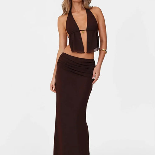 Load image into Gallery viewer, Hollow Out Lace-up Sexy Skirt 2 Piece Sets Women Brown Halter Crop Tops And Maxi Skirt Female Skinny Sexy Two Piece Set
