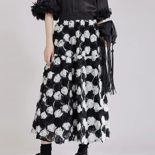 Load image into Gallery viewer, Blackwhite Hit Color Spliced 3D Flower Fashion Skirts for Women High Waist Patchwork Pockets Long Skirt Female New

