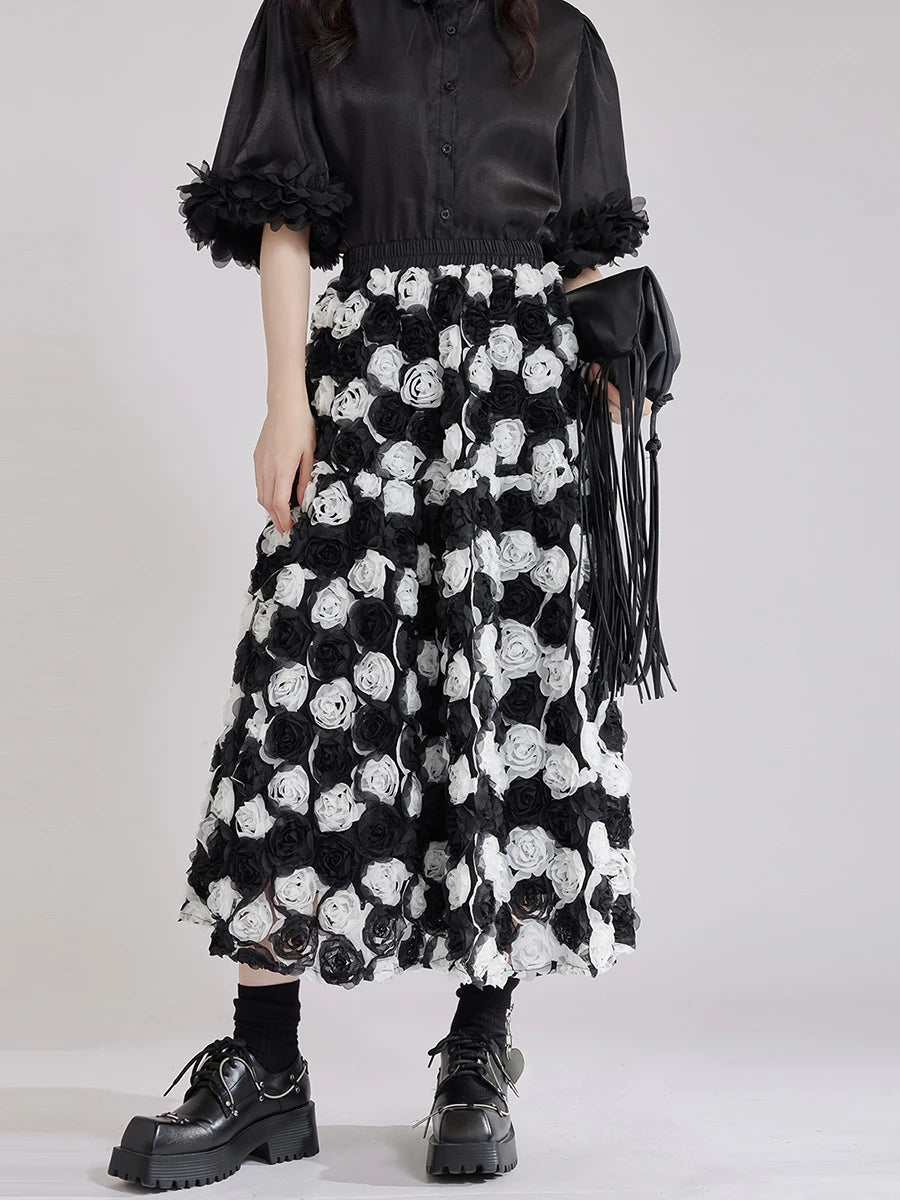 Blackwhite Hit Color Spliced 3D Flower Fashion Skirts for Women High Waist Patchwork Pockets Long Skirt Female New