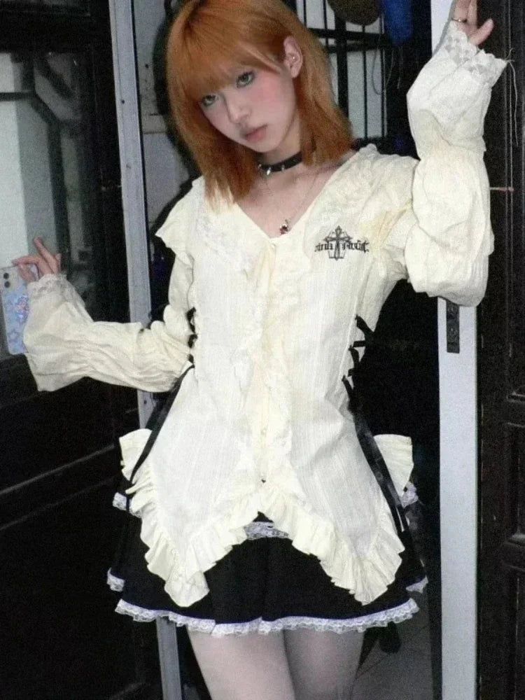 Grunge Gothic Mall Goth Harajuku Y2k Aesthetics Lace Shirt Lolita Fairy Bandage Blouses Fashion Irregular Top