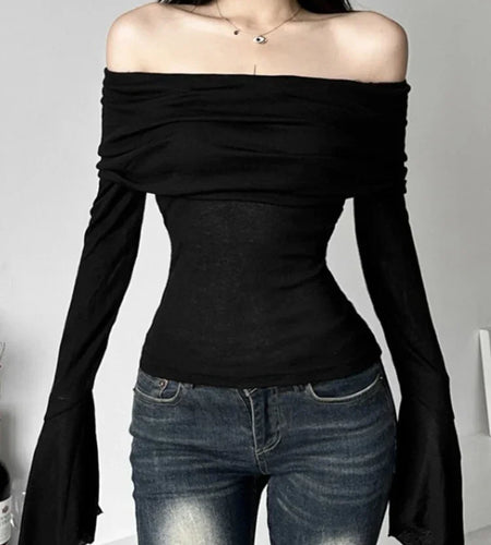 Y2k Aesthetic Women Translucence Tee Shirts Slash Neck Long Sleeve Solid Casual T-Shirts Vintage Off Shoulder Sexy Cute Tshirts