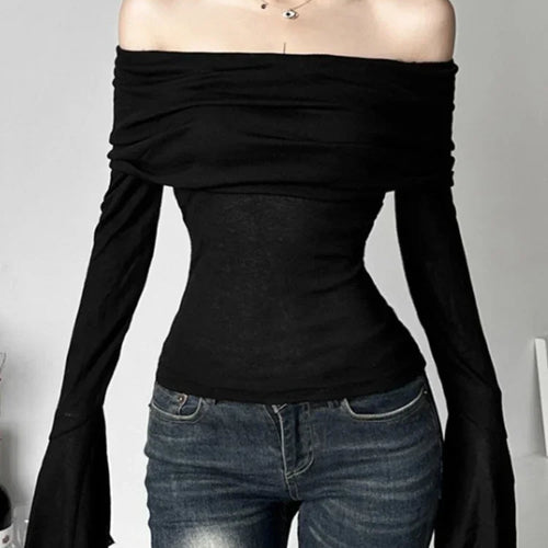 Load image into Gallery viewer, Y2k Aesthetic Women Translucence Tee Shirts Slash Neck Long Sleeve Solid Casual T-Shirts Vintage Off Shoulder Sexy Cute Tshirts
