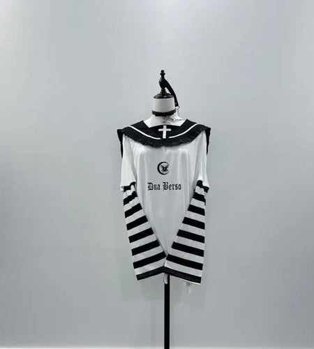 Japanese Y2k Tops Women Clothes Contrast Color Striped Tshirt Sailor Collar Punk Camisetas Casual Fashion Long Sleeve T Shirts