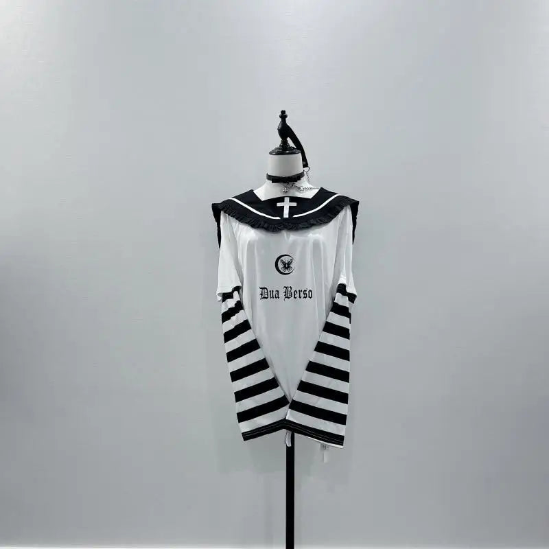 Japanese Y2k Tops Women Clothes Contrast Color Striped Tshirt Sailor Collar Punk Camisetas Casual Fashion Long Sleeve T Shirts