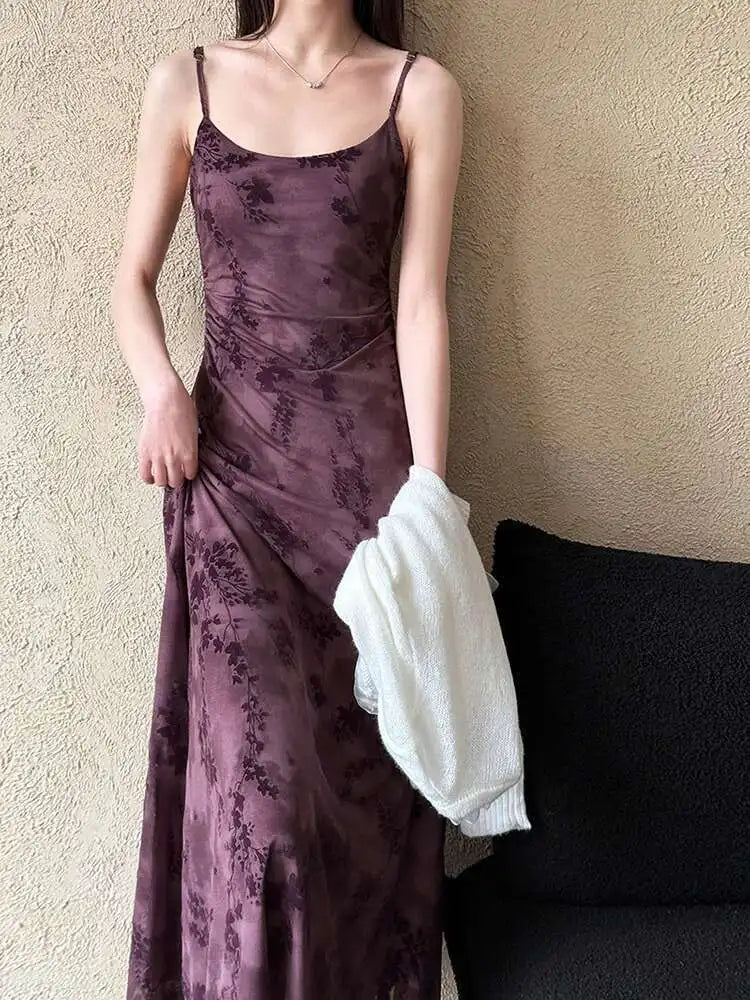 Women Brown Printed Vintage Long Spaghetti Strap Dress New Round Neck Sleeveless Fashion Tide Spring Summer 2025 1DJ0289